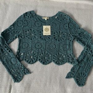 NWT REBELLION Junior Crop Top Crocheted Teal Size Large, 100% Cotton